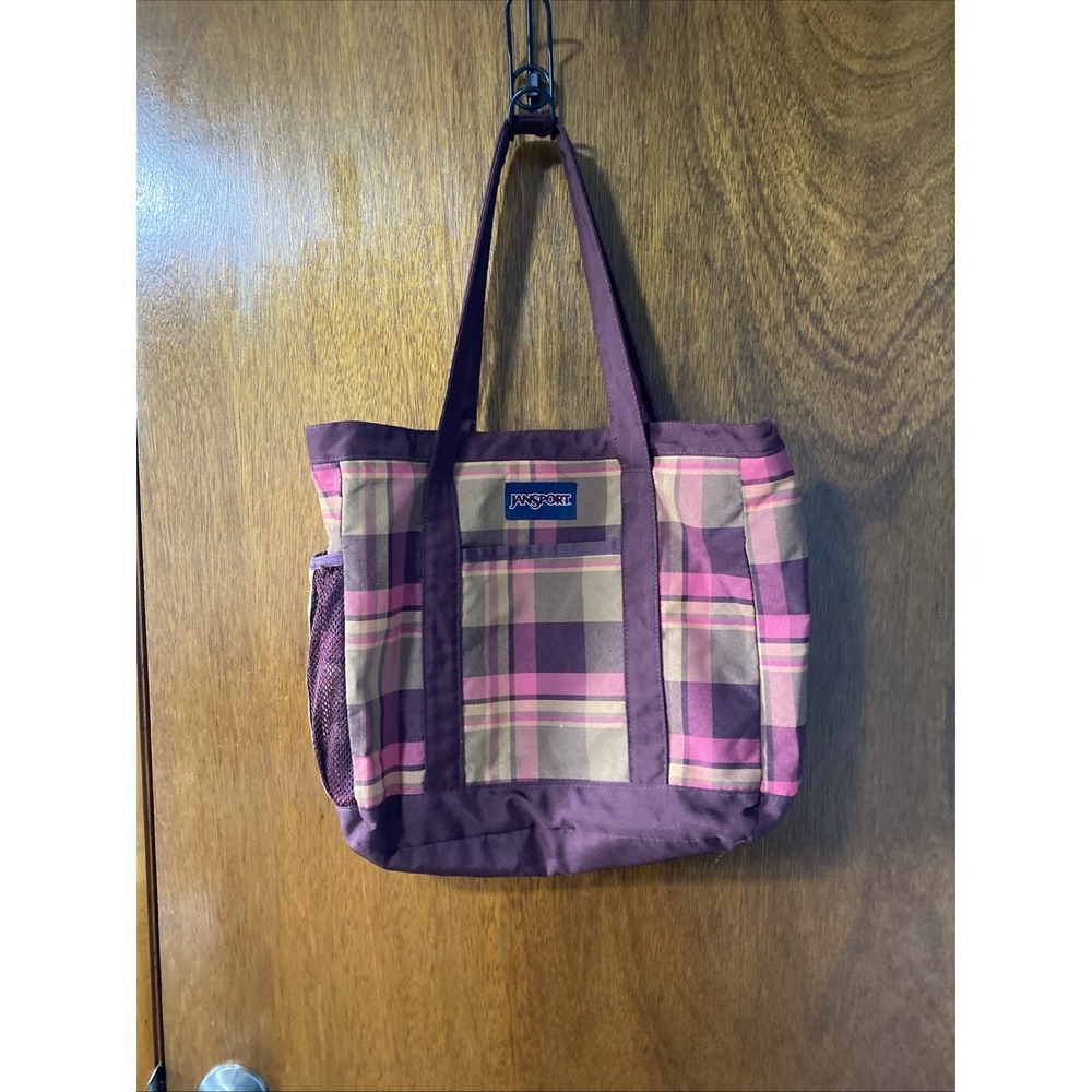 JanSport Womens Plaid Tote Bag Maroon Pink Brown Nylon Zipper Pocket Medium